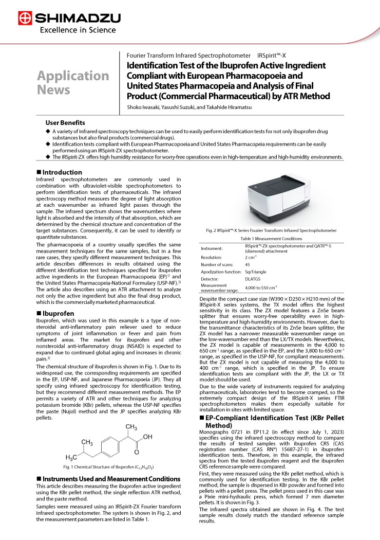  Identification test of the ibuprofen active ingredient compliant with European Pharmacopeia and United States Pharmacopeia and analysis of final product by ATR method
