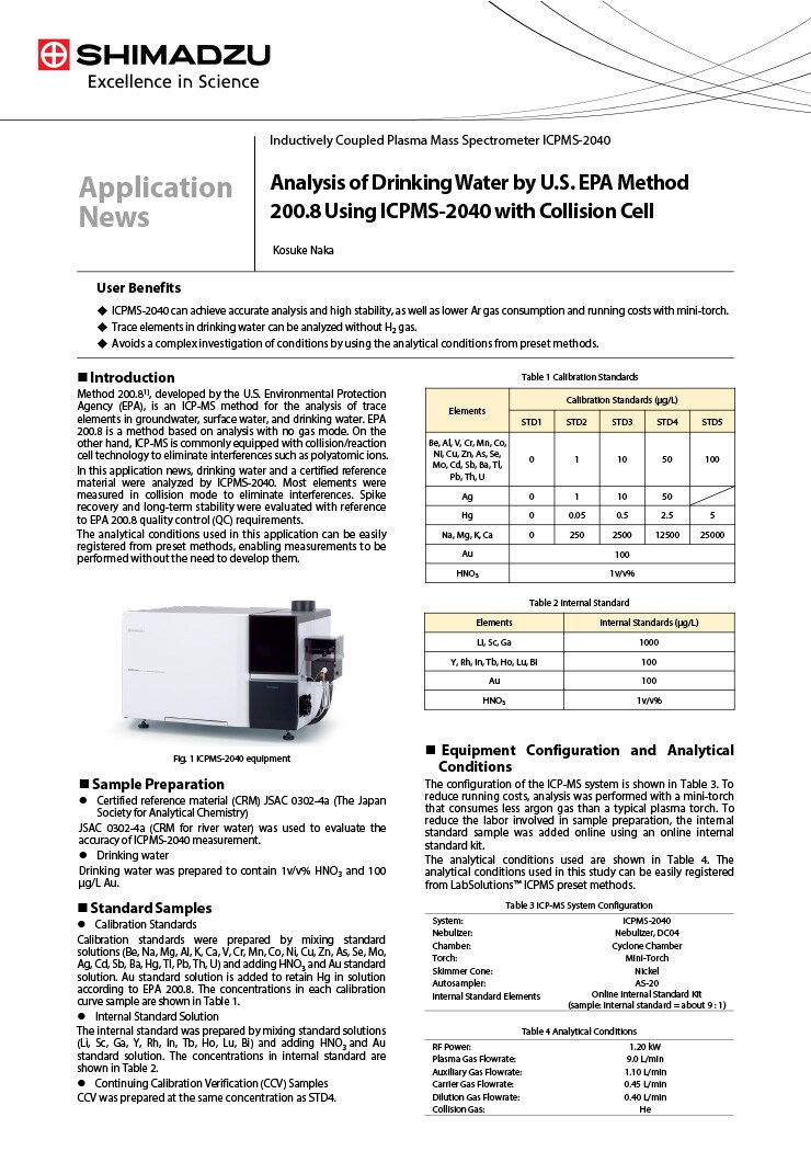 Analysis of Drinking Water by U.S. EPA Method 200.8 Using ICPMS-2040 with Collision Cell