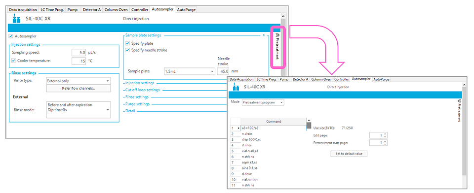 Fig. 2 Setup Window and Commands for the Autosampler Pretreatment Program