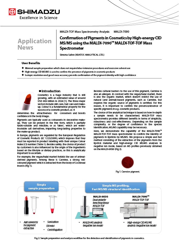 Confirmation of Pigments in Cosmetics by High-energy CID MS/MS using the MALDI-7090™MALDI-TOF-TOF Mass Spectrometer