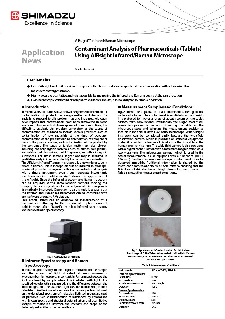 Contaminant Analysis of Pharmaceuticals (Tablets) Using AIRsight Infrared/Raman Microscope
