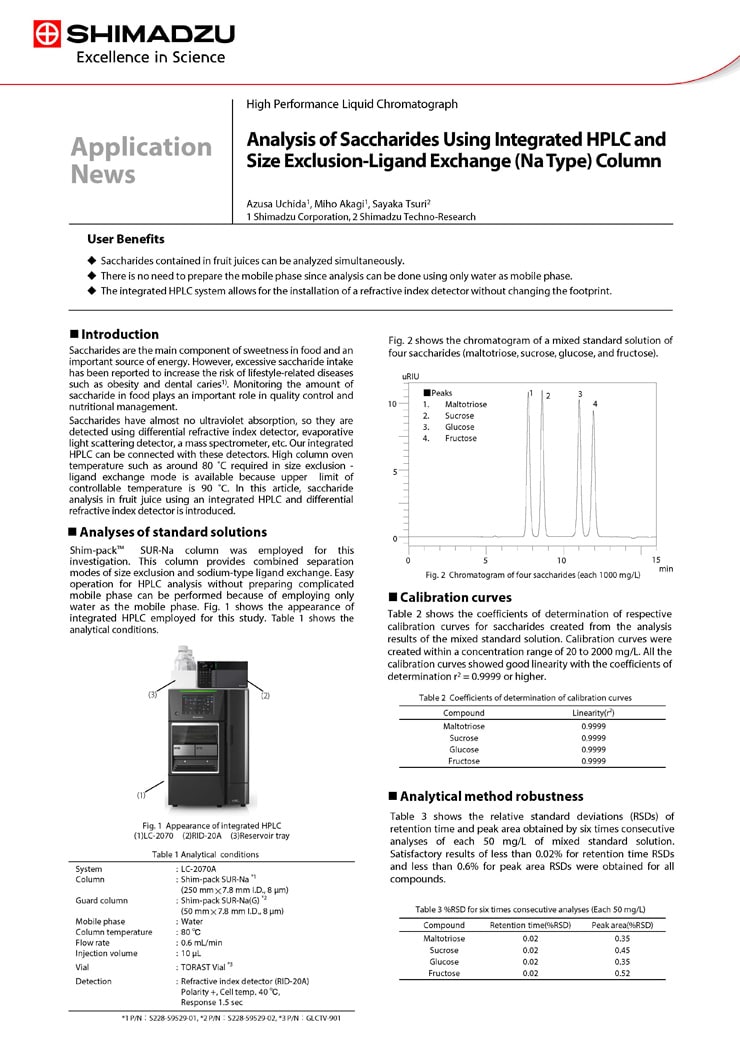 Analysis of Saccharides Using Integrated HPLC and Size Exclusion-Ligand Exchange (Na Type) Column