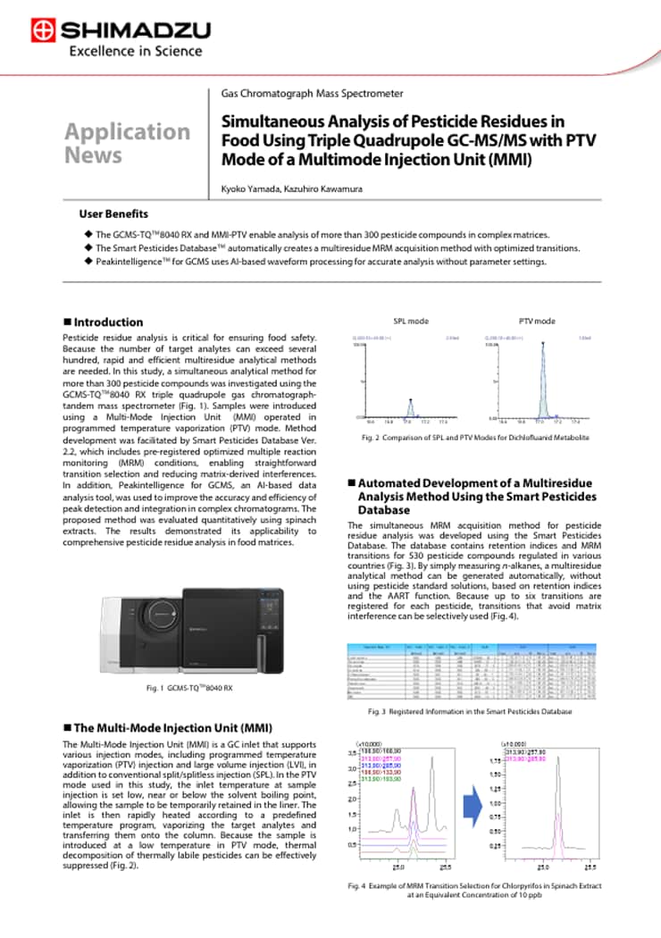 Simultaneous Analysis of Pesticide Residues in Food Using Triple Quadrupole GC-MS/MS with SPL Mode of a Multimode injection Unit (MMI)