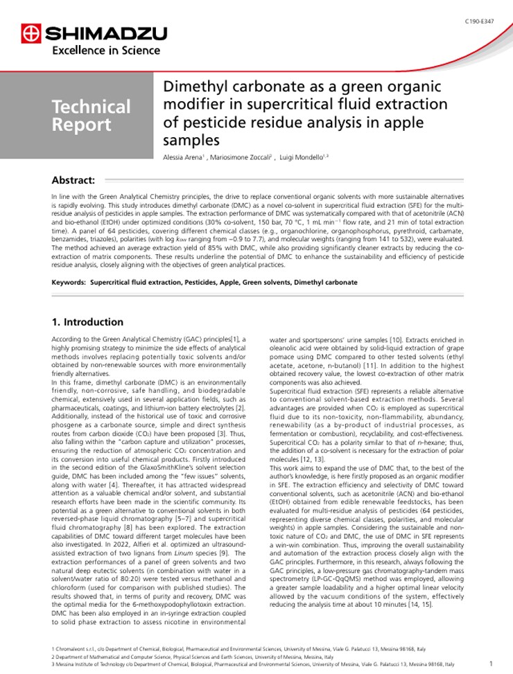 Dimethyl carbonate as a green organic modifier in supercritical fluid extraction of pesticide residue analysis in apple samples