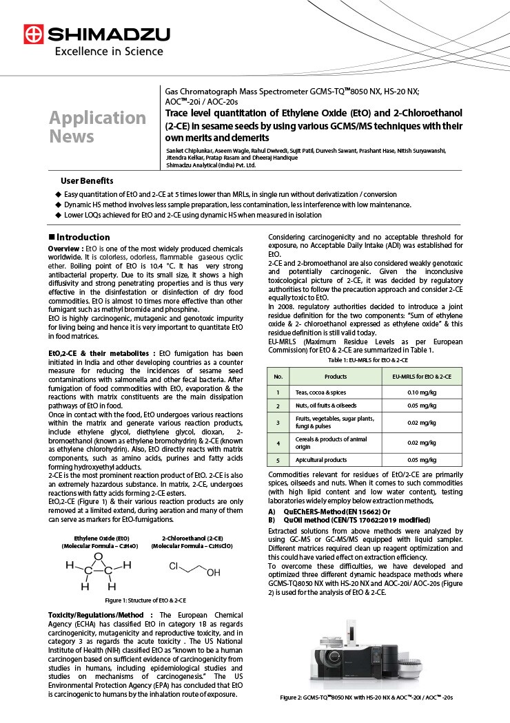 Trace level quantitation of Ethylene Oxide (EtO) and 2-Chloroethanol (2-CE) in sesame seeds by using various GCMS/MS techniques with their own merits and demerits