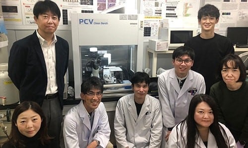 Professor Kitao (third from left), Associate Professor Iimori (second from left) and the Other Members of the Laboratory