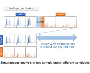 Analyze one sample in two flow paths simultaneously (dual injection)