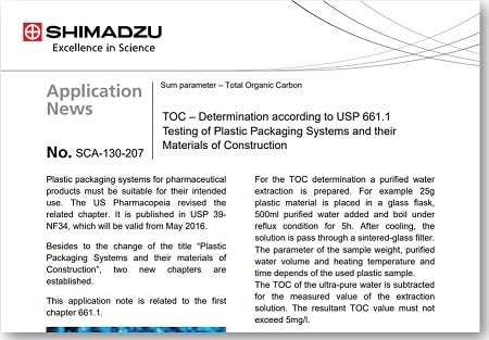 TOC – Determination according to USP 661.1 Testing of Plastic Packaging Systems and their Materials of Construction 