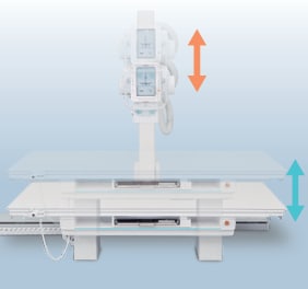The X-ray tube automatically tracks the height of the bucky table to maintain a constant distance.
