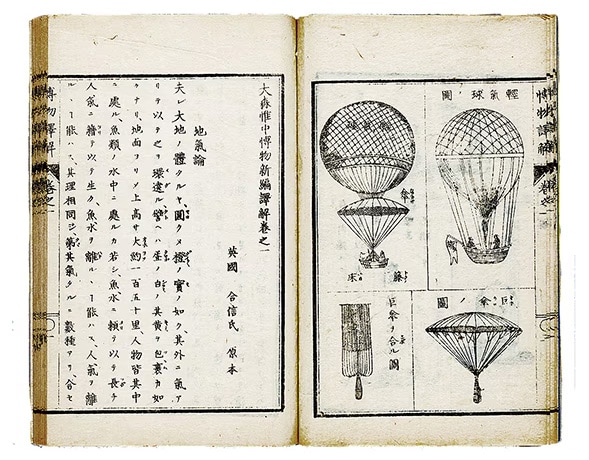 Ichu Omori’s “New Encyclopedia with Technical Interpretation” provided both a simple overview of the principles behind balloons and accompanying illustrations. 
Reference: Union Catalogue Database of Japanese Texts (Archives of the National Institute of Japanese Literature) 1874, new and revised edition
