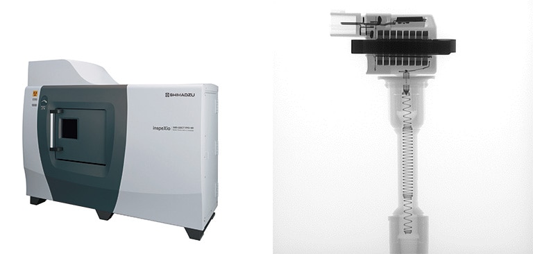 inspeXio SMX-225CT FPD HR Microfocus X-ray CT System Used at ATL (Left) and Example of the Measurement of Automotive Parts (Right)