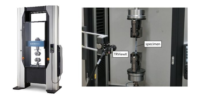 AGX-V Precision Universal Testing Machine (Left) and a Testing Configuration (Right)