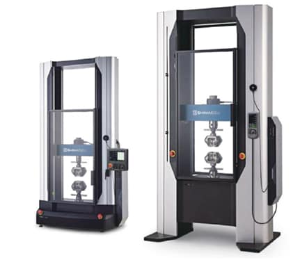 Autograph AGX-V2 Series Precision Universal Testing Machines (Left: Large Color LCD Touch Panel Equipped Model, table-top model; Right: Standard Model, floor model)