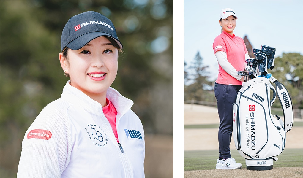 The Shimadzu Logos on the Front of the Cap, the Right Sleeve of the Sportswear, and on both Sides of the Caddy Bag