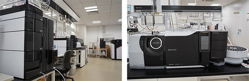 Photos of the NARO Shimadzu Testing Lab (Left) Nexera Ultra High Performance Liquid Chromatograph,etc  (Right) GCMS-QP 8040 NX Gas chromatograph Mass Spectrometer