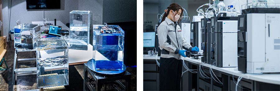 Photo: Left — work in progress; Right — the liquid chromatograph that inspired the work