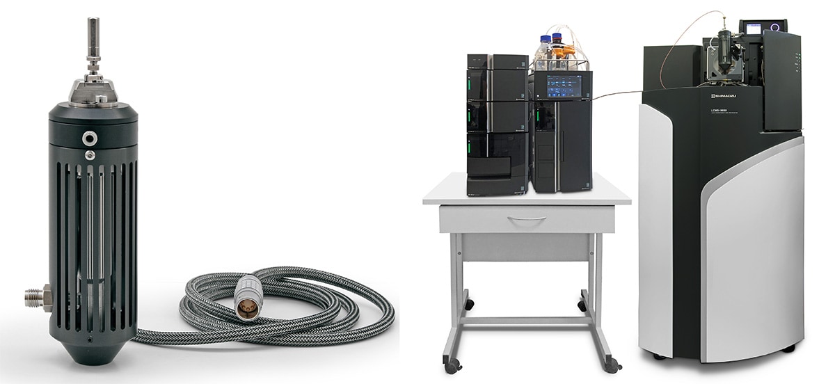 Photo: Plasmion's SICRIT ion source connection module (left) and an ultra-high performance liquid chromatograph-mass spectrometer with the ion source attached (right)