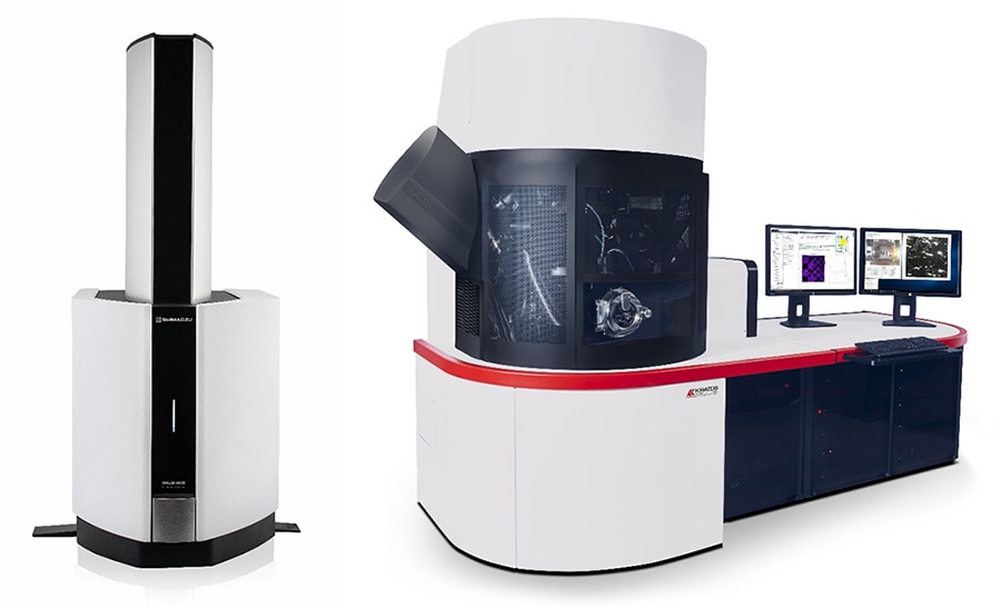 Product photos: MALDI-8030 matrix-assisted laser desorption/ionization mass spectrometer developed by Kratos (left) and KRATOS ULTRA2 imaging X-ray photoelectron spectrometer (right).