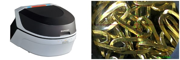 EDX-7200 energy dispersive X-ray fluorescence spectrometer (left), and gold-colored necklace analyzed with the instrument (the actual material was a gold-plated alloy)