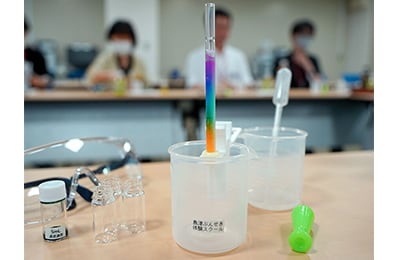 Chromatography Course: Students experience separating and isolating pigments (chromatography) using water-based pens, as well as measuring caffeine content in commercial beverages using a high-performance liquid chromatograph.
