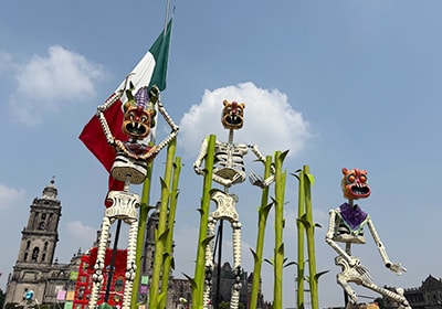 An exhibit of the festival “Day of the Dead,” symbolized by colorful altars and skeletons