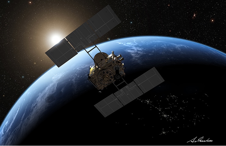 Illustration of the Hayabusa2 asteroid explorer performing an Earth swing-by (© Akihiro Ikeshita)