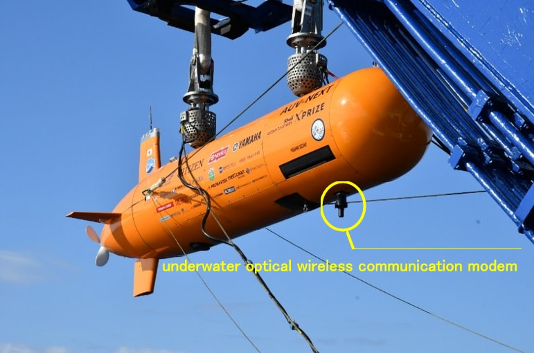 Prototype upper model of the underwater optical wireless communication device "MC100" mounted on an AUV